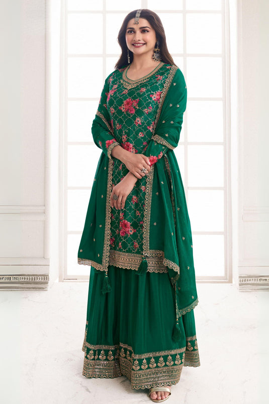 Prachi Desai Chinon Fabric Floral Printed Beatific Palazzo Suit In Dark Green Color