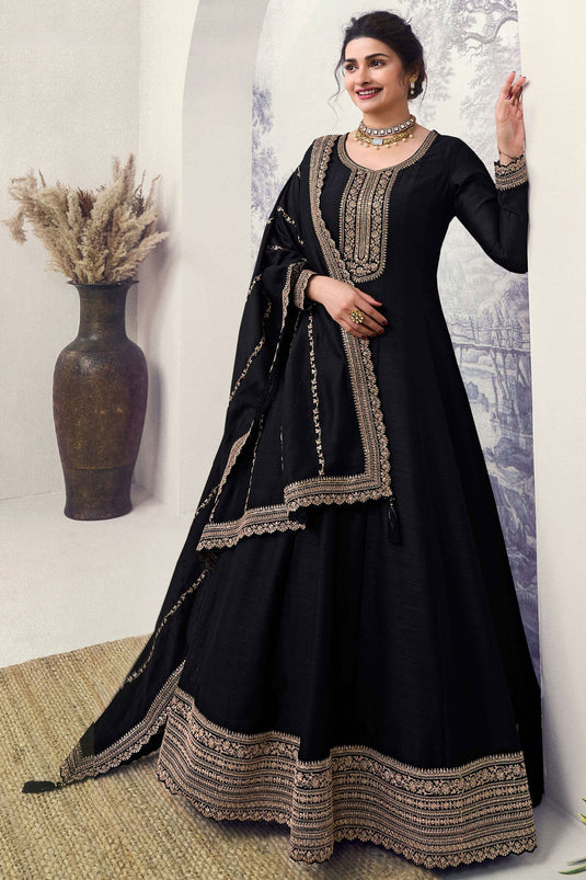 Prachi Desai Engaging Black Color Art Silk Fabric Embroidered Anarkali Suit