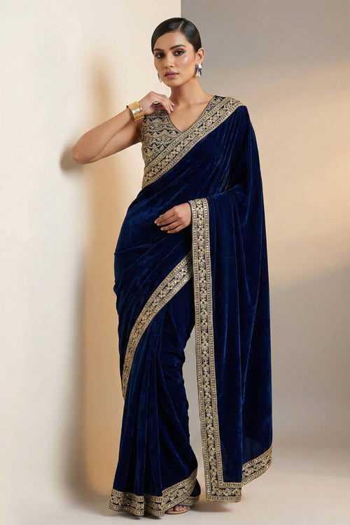 Viscose Velvet Border Work Navy Blue Party Wear Saree