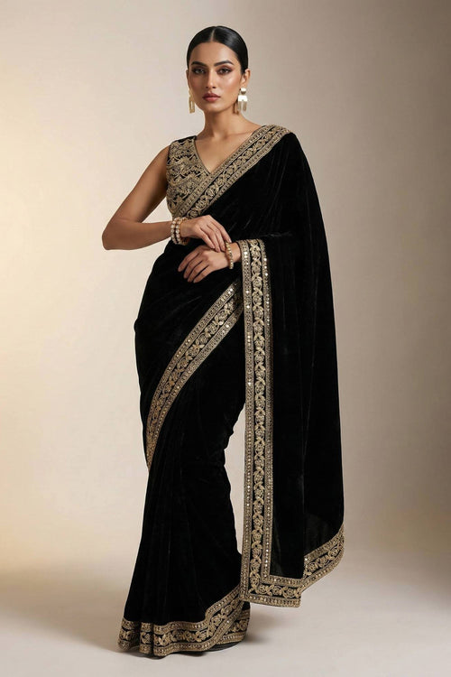 Black Party Wear Viscose Velvet Border Work Saree