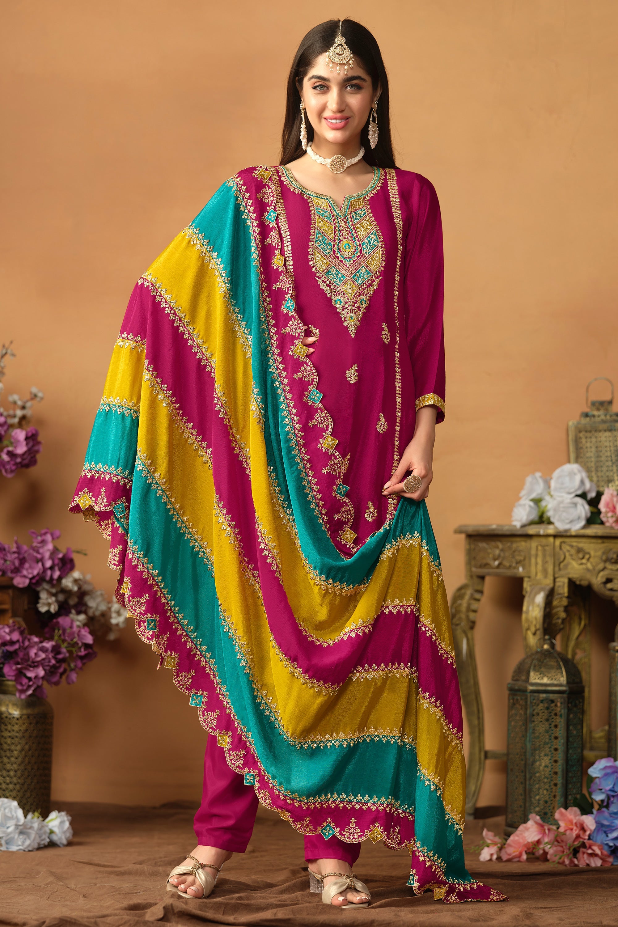 Chinon Silk Fabric Rani Color Trendy Salwar Suit With Multi Color Dupa