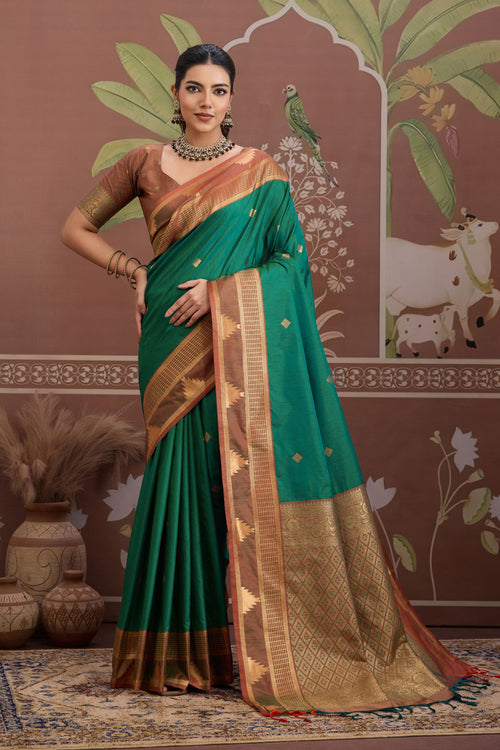 Dark Green Zari Weaving Tussar Silk Handloom Saree