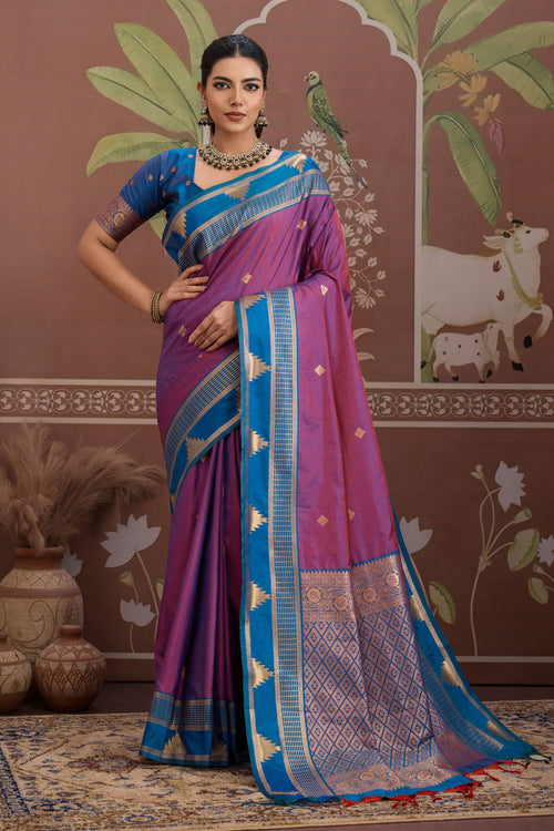 Stunning Purple Tussar Silk Handloom Saree With Zari Weaving Work