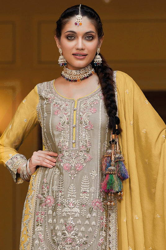 Chinon Fabric Beige Color Attractive Readymade Punjabi Style Palazzo Suit