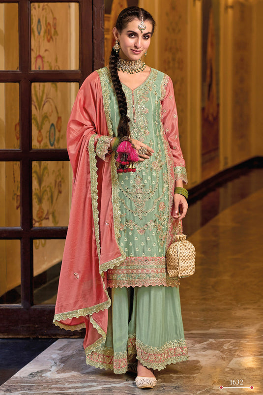 Sea Green Color Chinon Fabric Beautiful Readymade Punjabi Style Palazzo Suit