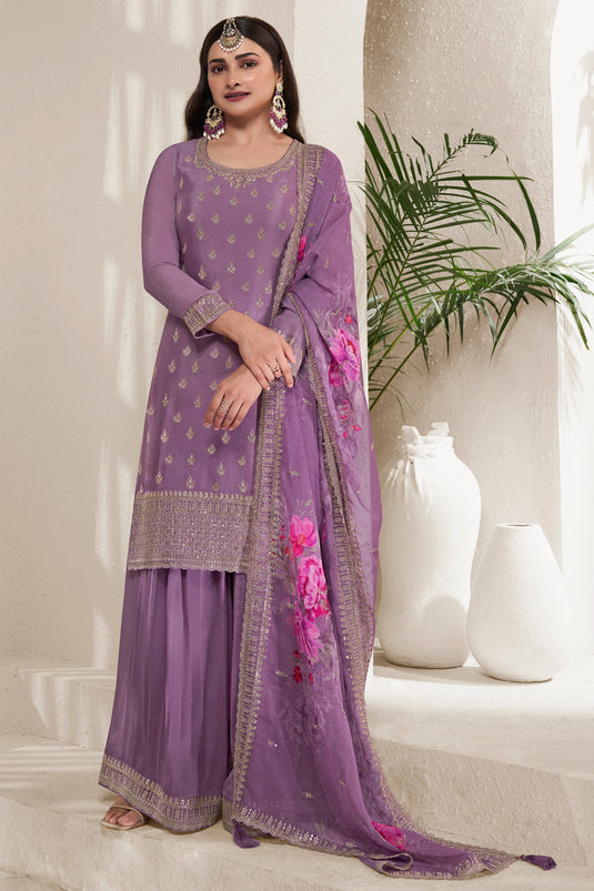 Prachi Desai Creative Viscose Fabric Palazzo Suit In Lavender Color