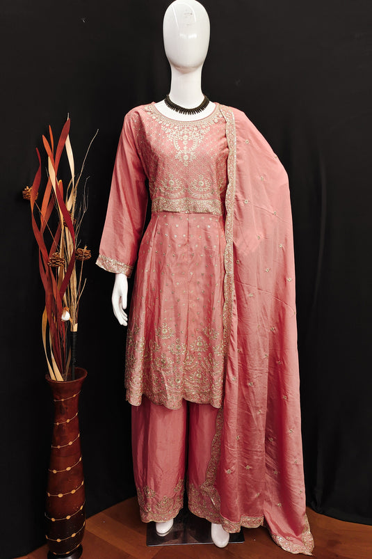Eugeniya Belousova Chinon Fabric Peach Color Delicate Readymade Palazzo Suit