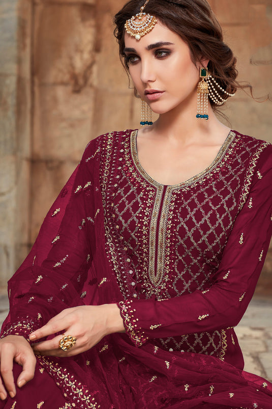 Charming Maroon Color Georgette Fabric Function Wear Palazzo Suit