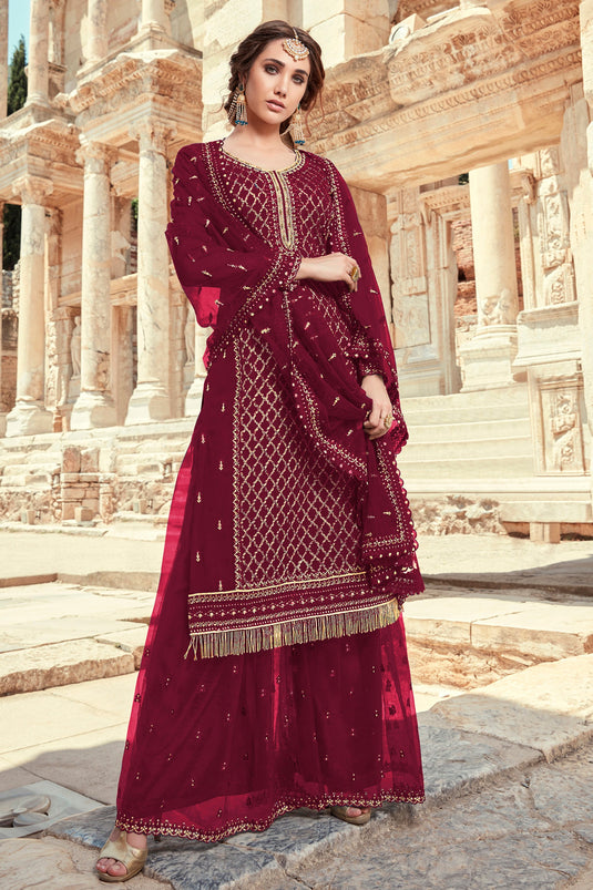 Charming Maroon Color Georgette Fabric Function Wear Palazzo Suit