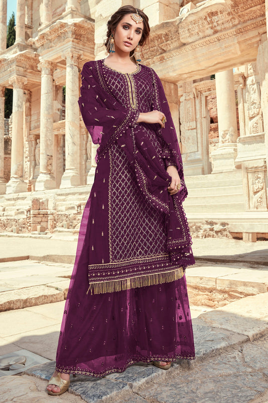Georgette Fabric Purple Color Supreme Function Wear Palazzo Suit