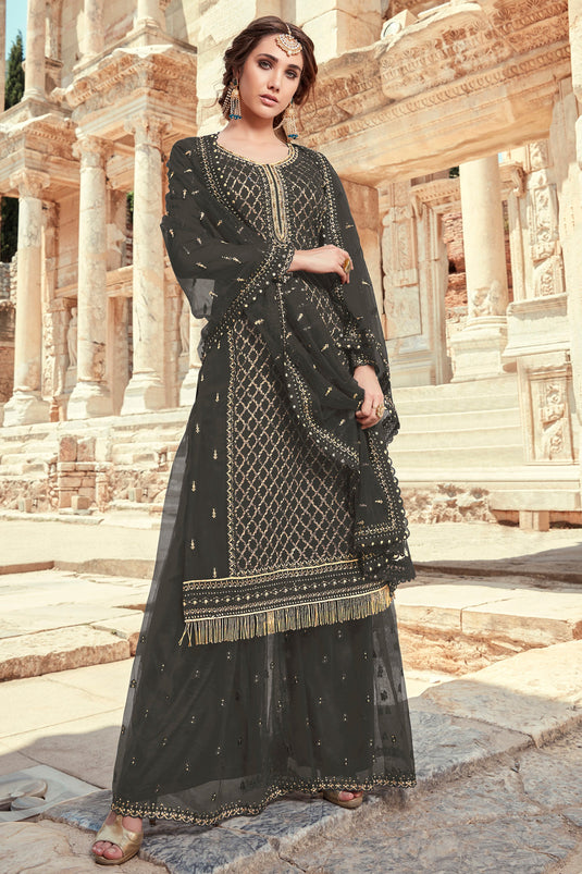 Alluring Georgette Fabric Grey Color Function Wear Palazzo Suit