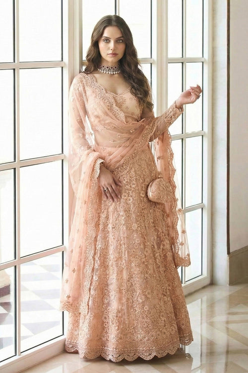 Net Embroidered Peach Wedding Wear Lehenga Choli With Dupatta
