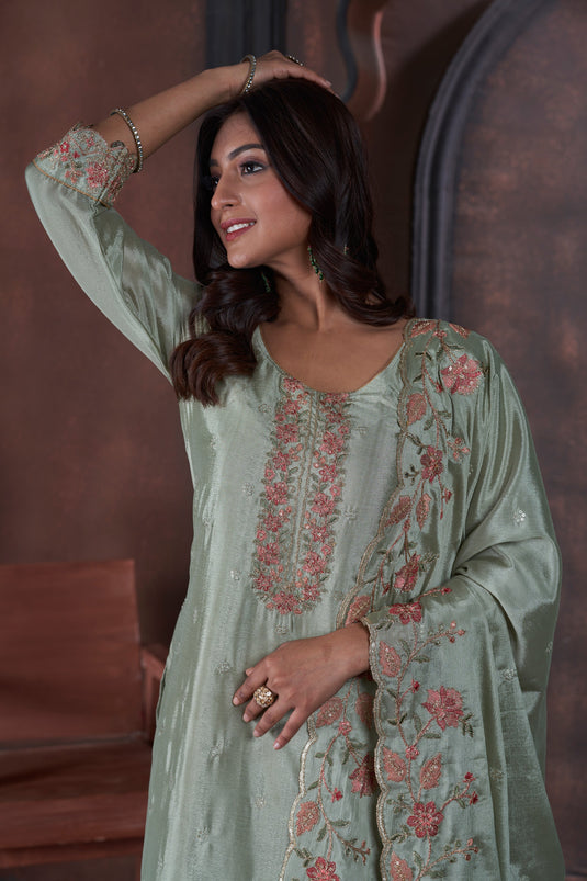 Dazzling Chinon Fabric Sea Green Color Function Wear Salwar Suit