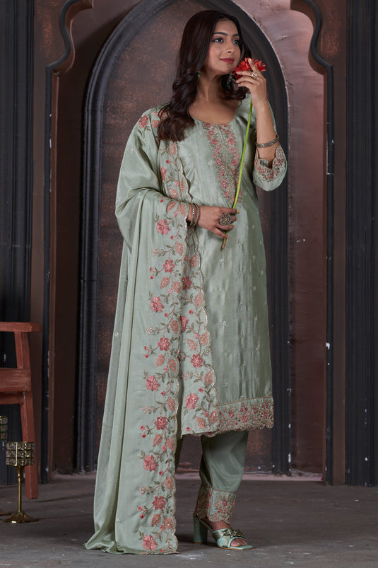 Dazzling Chinon Fabric Sea Green Color Function Wear Salwar Suit