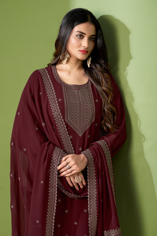 Maroon Color Georgette Fabric Tempting Embroidered Salwar Suit