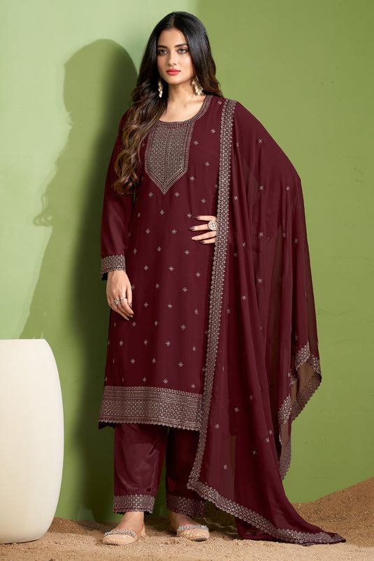 Maroon Color Georgette Fabric Tempting Embroidered Salwar Suit