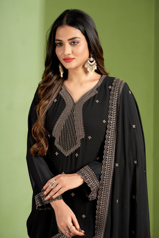 Charming Black Color Georgette Fabric Embroidered Salwar Suit