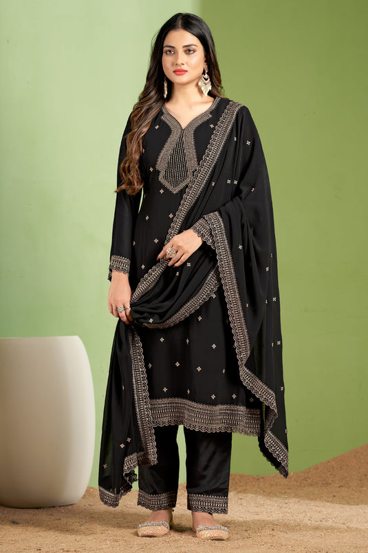 Charming Black Color Georgette Fabric Embroidered Salwar Suit