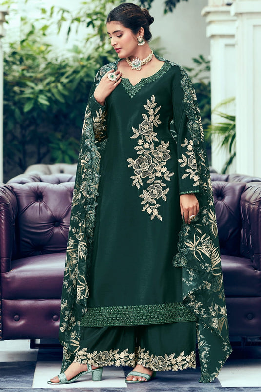 Incredible Chinon Fabric Green Color Embroidered Palazzo Suit