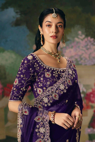 Art Silk Purple Embroidered Wedding Wear Saree