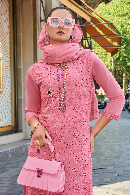 Cotton Fabric Captivating Pink Color Readymade Salwar Suit