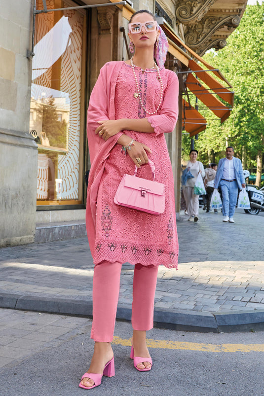 Cotton Fabric Captivating Pink Color Readymade Salwar Suit