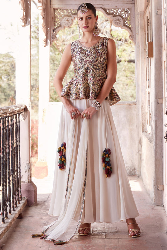 Beige Color Satin Fabric Enticing Readymade Sharara Suit