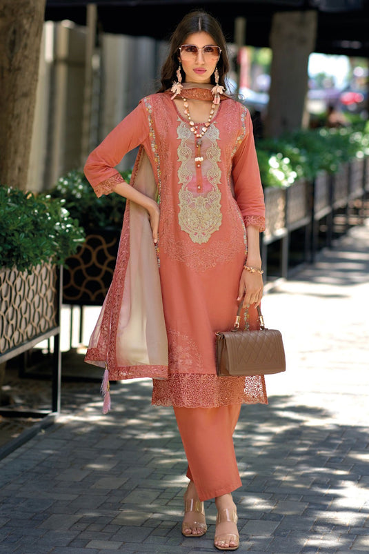 Cotton Fabric Orange Color Beatific Readymade Salwar Suit