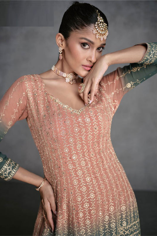 Sushrii Mishraa Tempting Georgette Fabric Peach Color Palazzo Suit