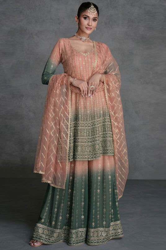 Sushrii Mishraa Tempting Georgette Fabric Peach Color Palazzo Suit