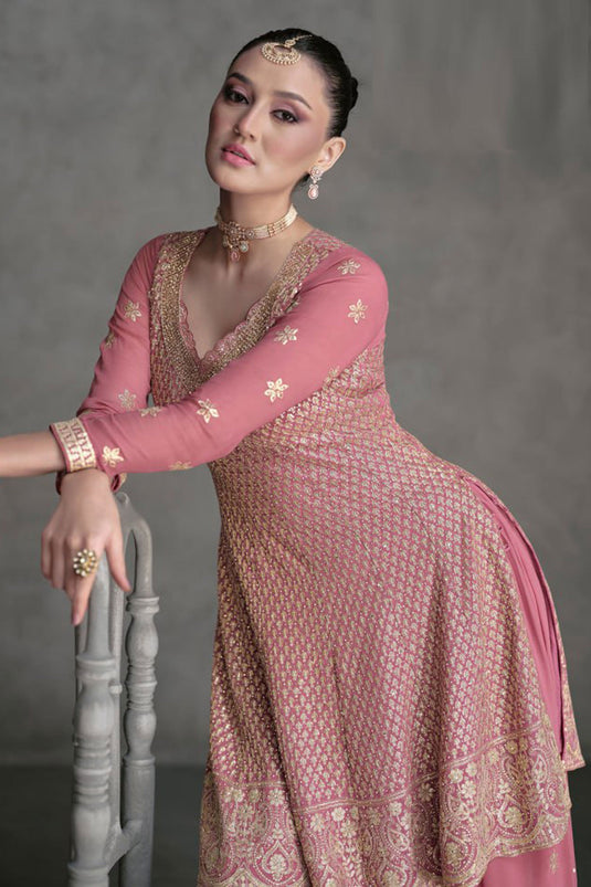 Engaging Pink Color Georgette Fabric Embroidered Palazzo Suit