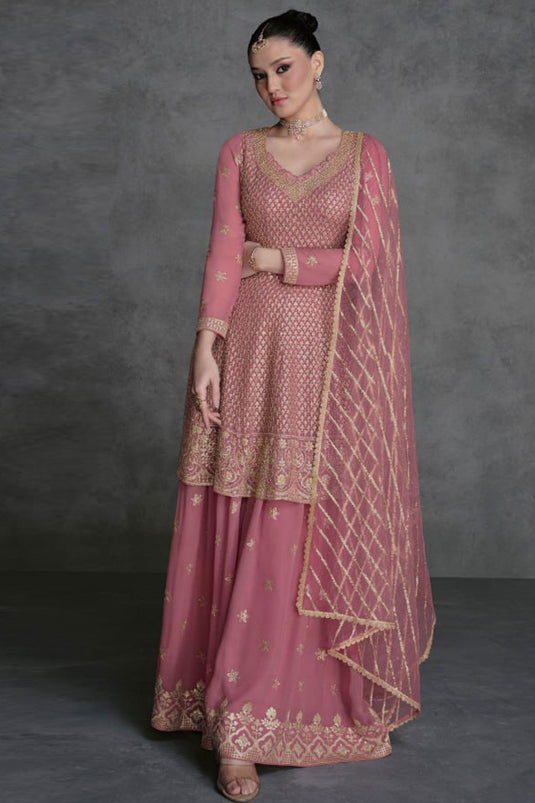 Engaging Pink Color Georgette Fabric Embroidered Palazzo Suit