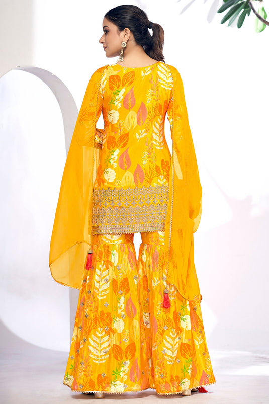 Radiant Printed Work On Yellow Color Chinon Fabric Sharara Suit