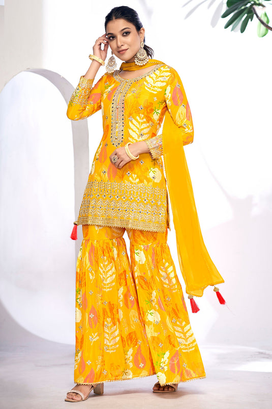 Radiant Printed Work On Yellow Color Chinon Fabric Sharara Suit