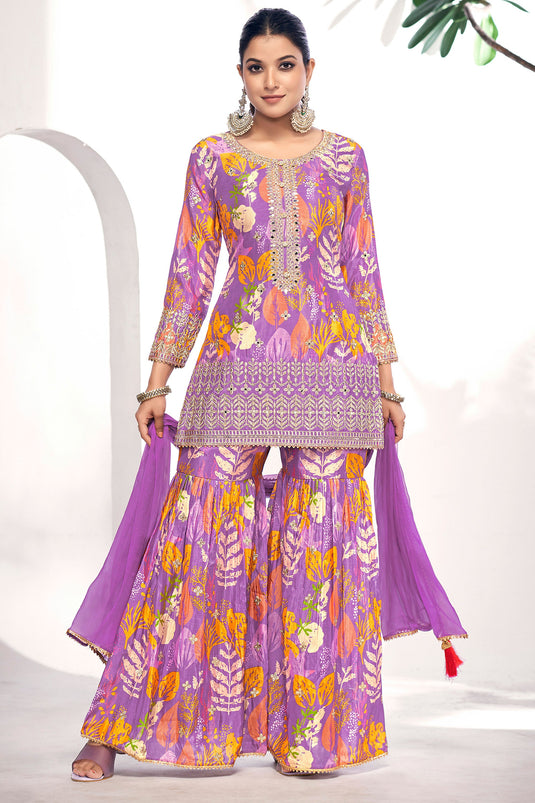 Excellent Chinon Fabric Purple Color Sharara Suit With Printed Work