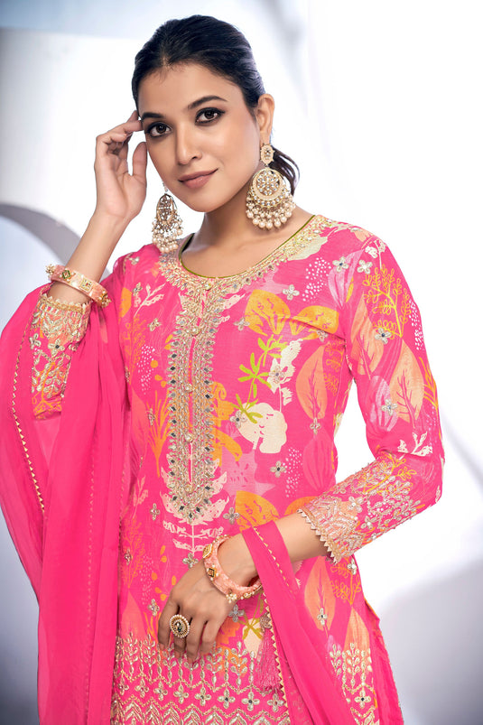 Beguiling Printed Work On Pink Color Chinon Fabric Sharara Suit