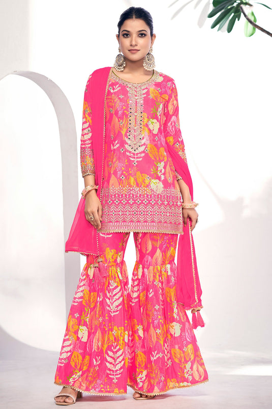 Beguiling Printed Work On Pink Color Chinon Fabric Sharara Suit