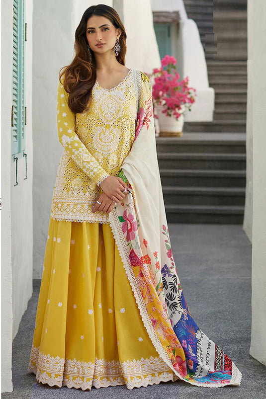 Palak Tiwari Rayon Fabric Yellow Color Excellent Sharara Top Lehenga
