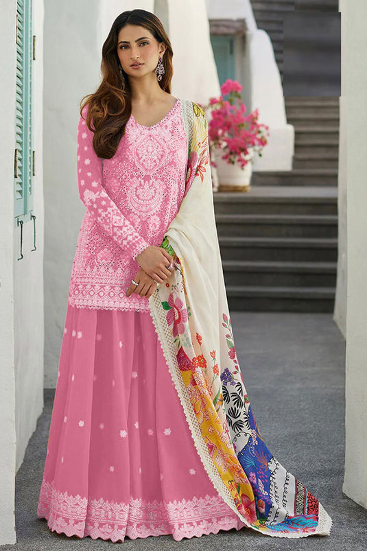 Palak Tiwari Pink Color Sober Sharara Top Lehenga In Rayon Fabric