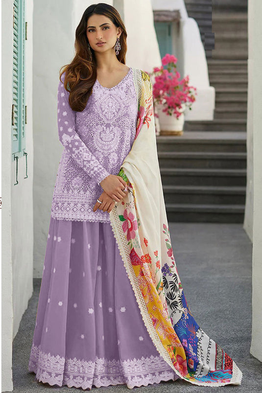 Palak Tiwari Creative Lavender Color Rayon Fabric Sharara Top Lehenga