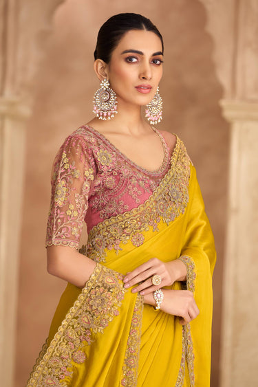 Chiffon Lace Border Work Yellow Festive Wear Designer Saree