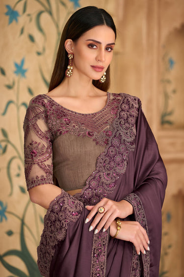 Lace Border Work Satin Chiffon Wine Designer Saree For Festive Wear