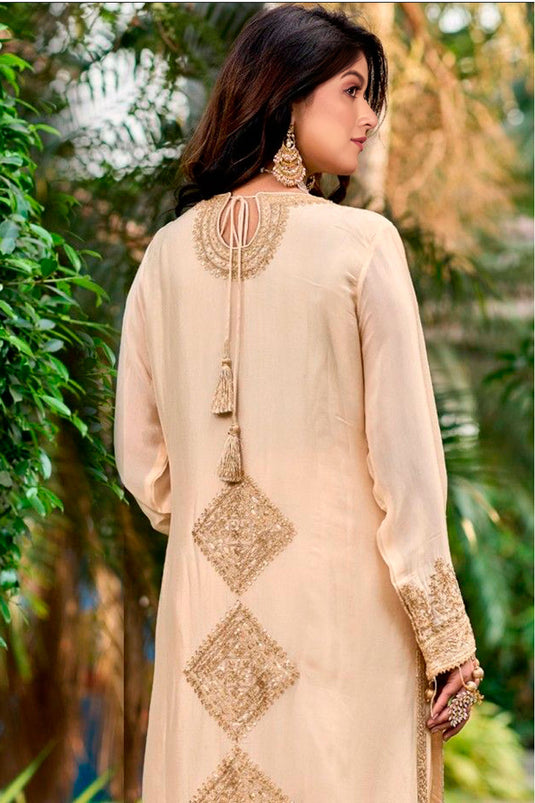 Chinon Fabric Beige Color Embroidered Elegant Palazzo Suit