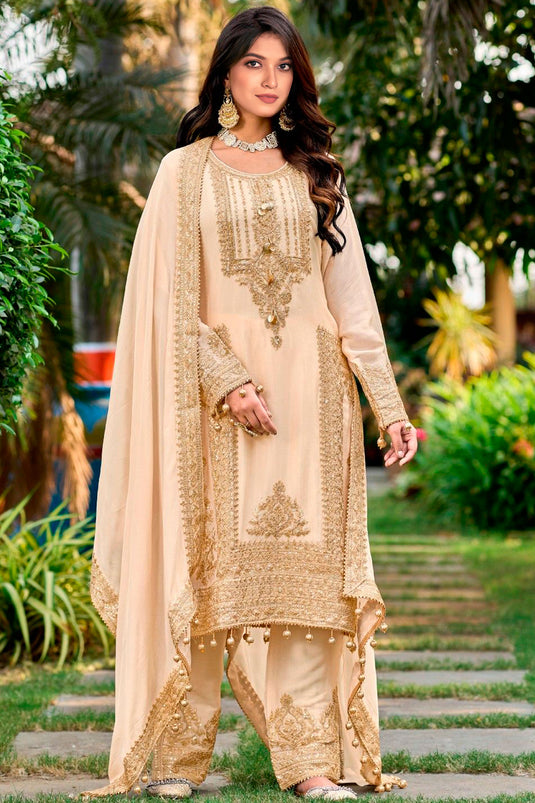 Chinon Fabric Beige Color Embroidered Elegant Palazzo Suit