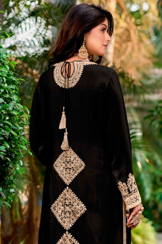 Black Color Chinon Fabric Embroidered Classic Palazzo Suit