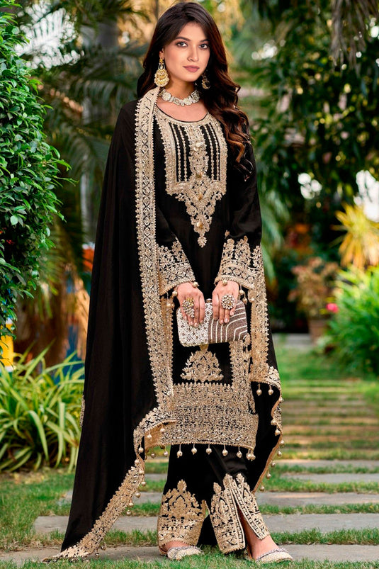 Black Color Chinon Fabric Embroidered Classic Palazzo Suit