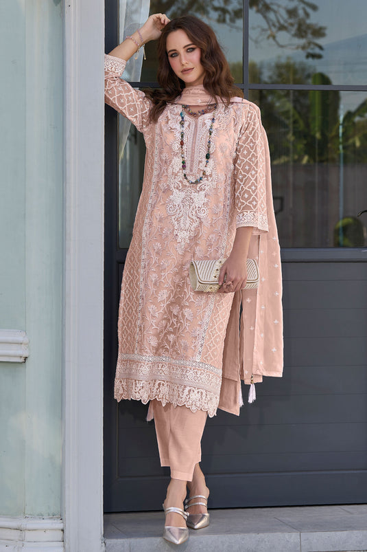 Tempting Organza Fabric Peach Color Festive Wear Readymade Salwar Suit