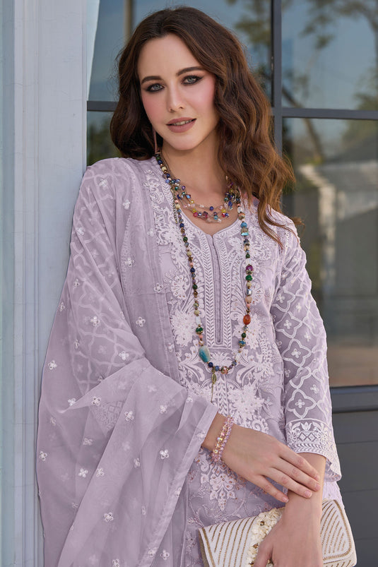 Engaging Lavender Color Organza Fabric Festive Wear Readymade Salwar Suit
