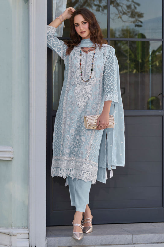 Classic Light Cyan Color Festive Wear Readymade Salwar Suit In Organza Fabric