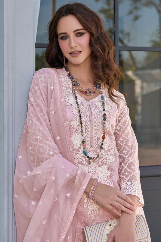Organza Fabric Pink Color Festive Wear Trendy Readymade Salwar Suit